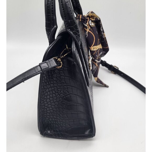 Betsey Johnson Black Satchel Crocodile Print Handbag Purse w/ Scarf Two Handle - Picture 6 of 11